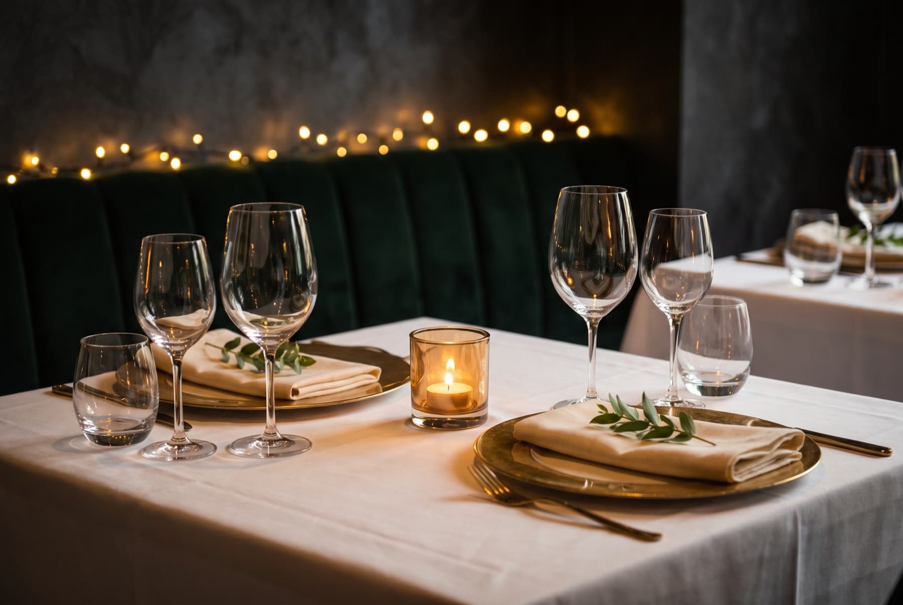 Candlelit white-tablecloth table setting at Fozzie's Dining