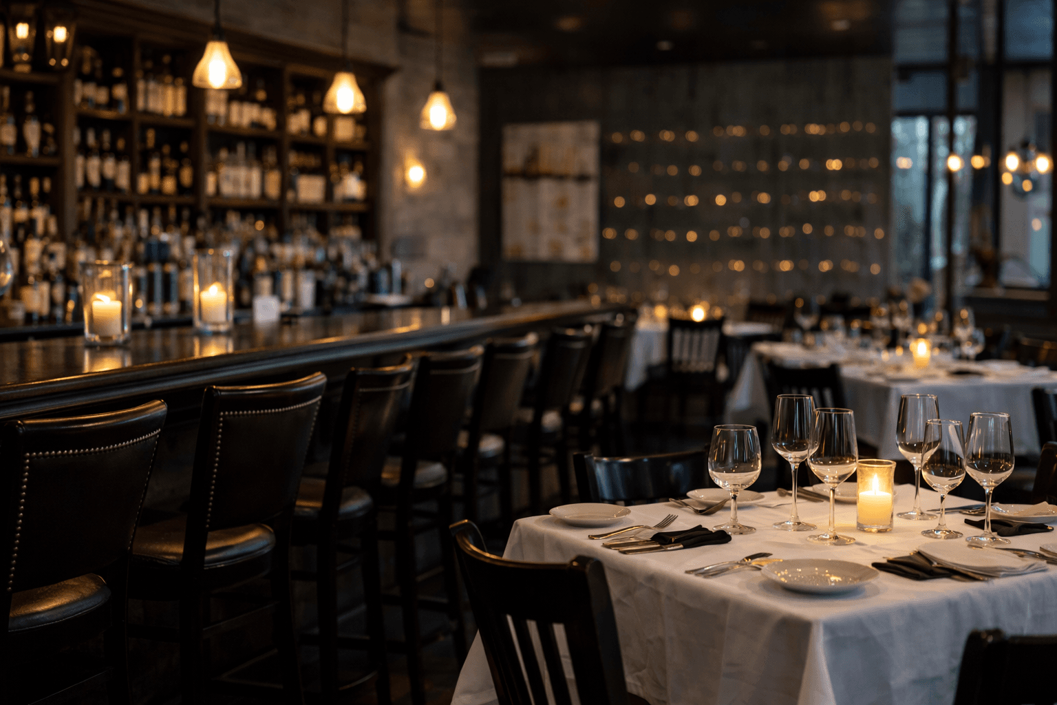 Upscale bar and dining room seating at Fozzie's Dining