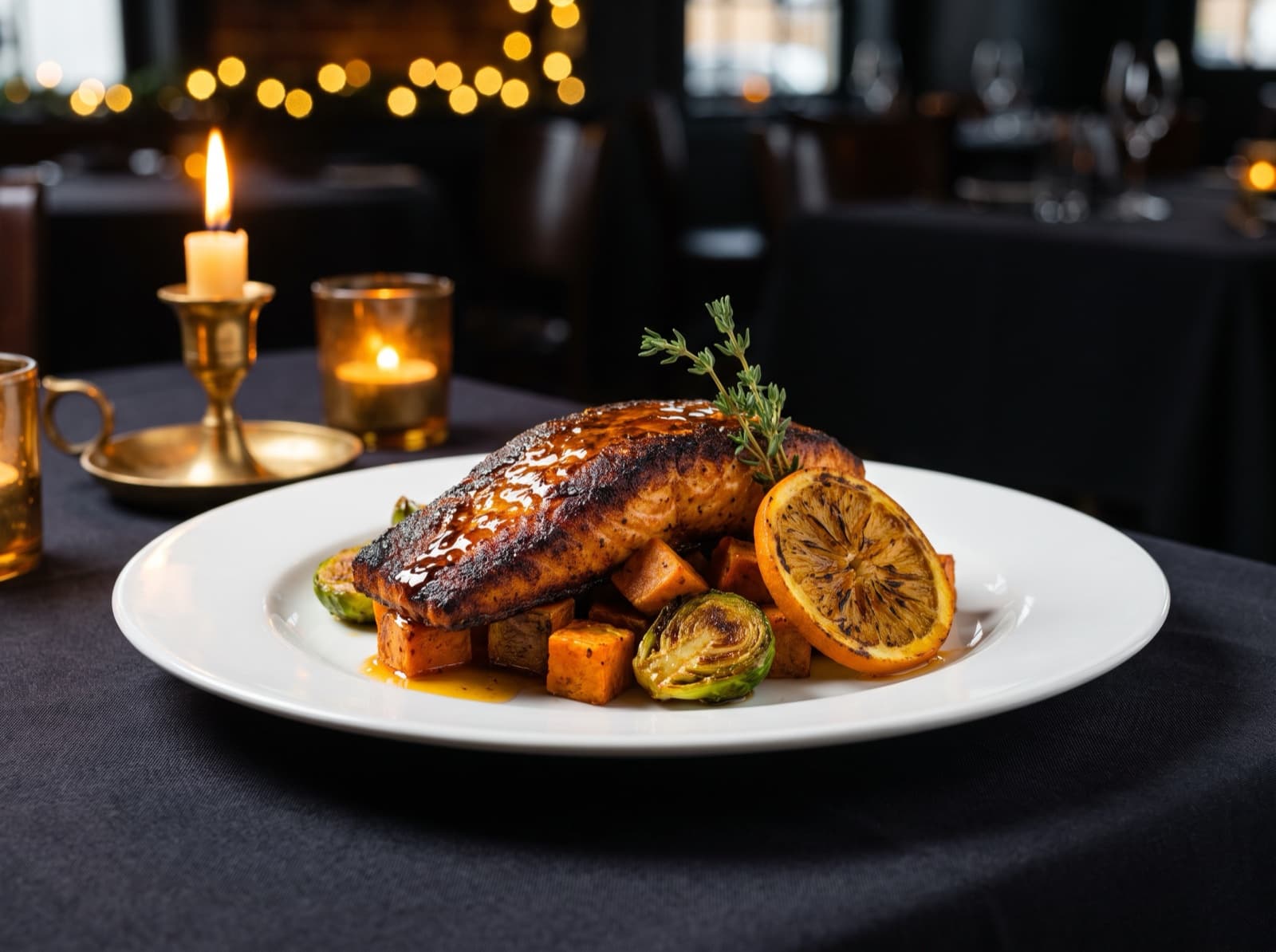 Blackened salmon with hot honey citrus glaze, sweet potato hash, and brussels sprouts